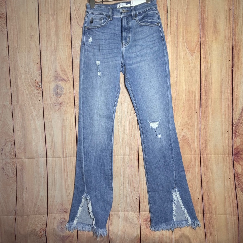 KanCan High Rise Ankle Skinny Jeans 5/26 Blue Distressed Split Frayed Hem Boho
